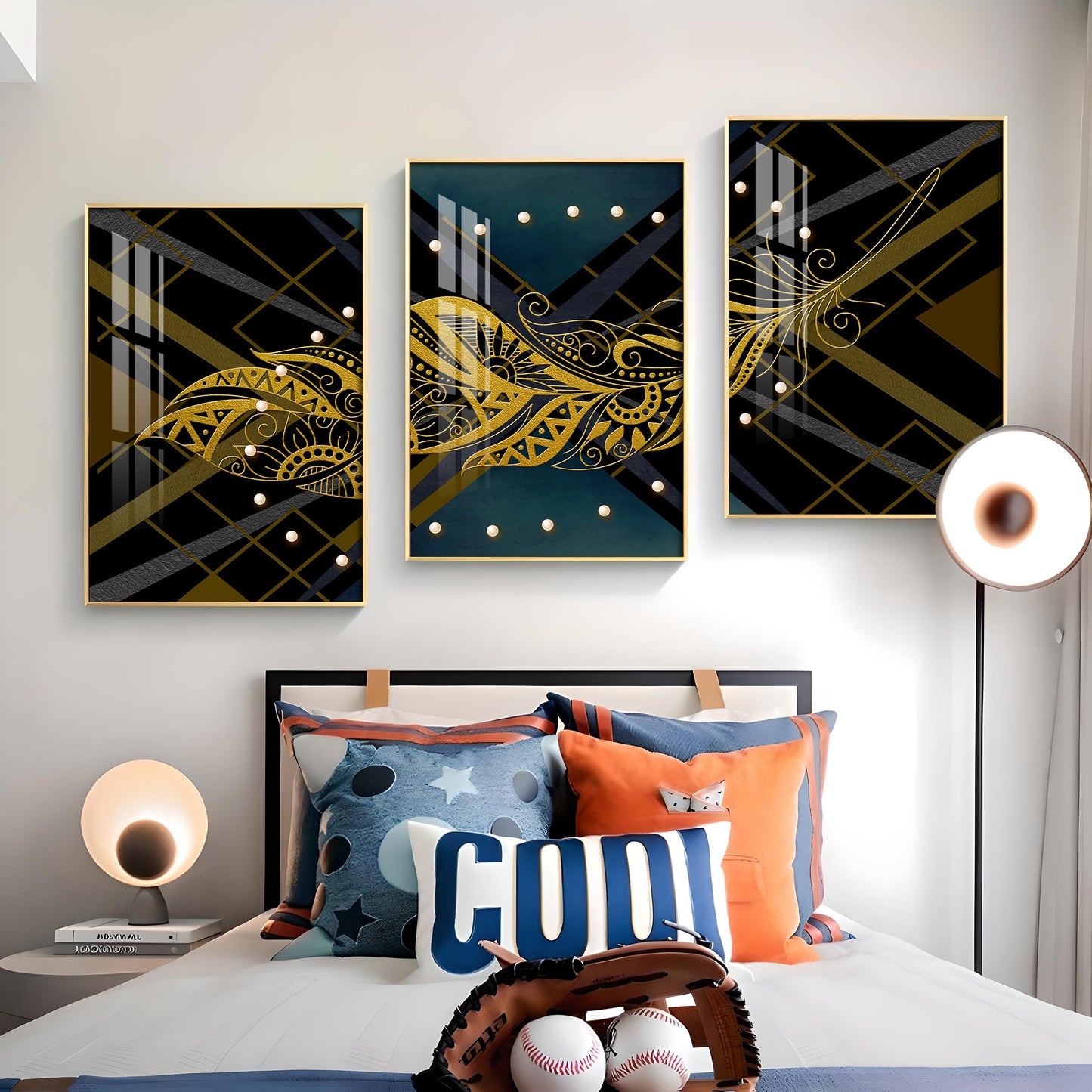 Golden Plume Traid Premium Acrylic Wall Art (Set of 3)