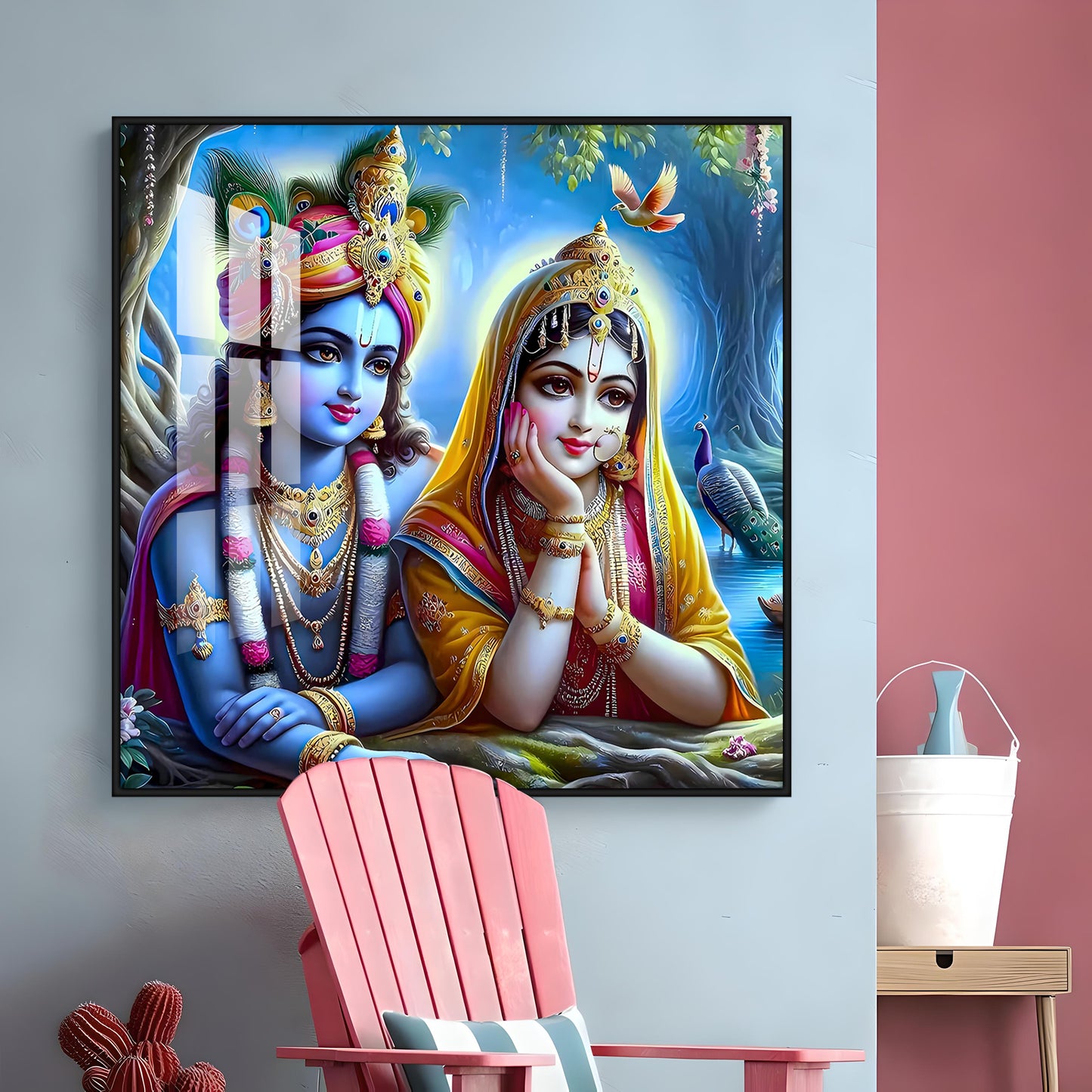 Radha Krishna In Vatika Premium Acrylic Square Wall Art