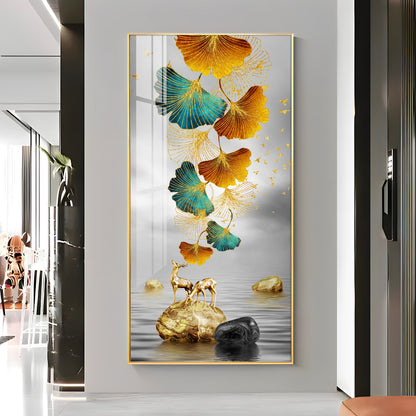 Golden Elk Leaves With Deer Premium Acrylic Vertical Wall Art