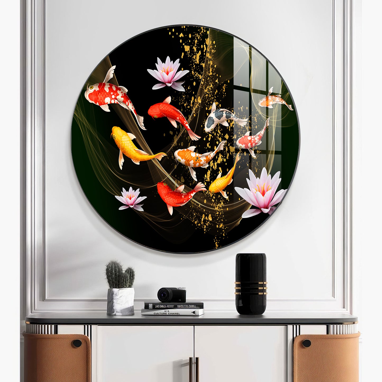 Colorful Koi In Motion Premium Acrylic Round Wall Art