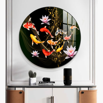 Colorful Koi In Motion Premium Acrylic Round Wall Art
