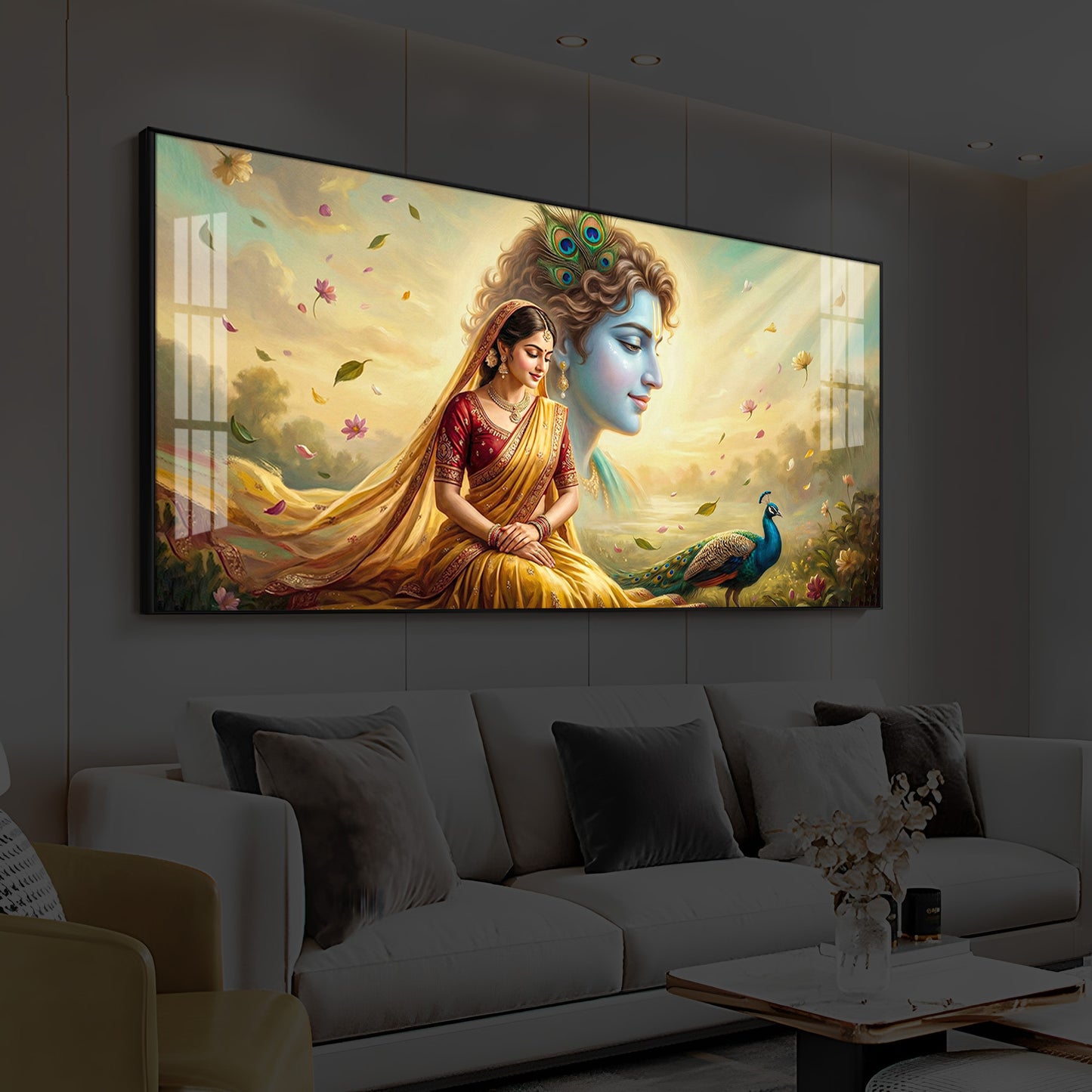 Lord Radha Krishna Modern Luxury Backlight Horizontal Wall Art