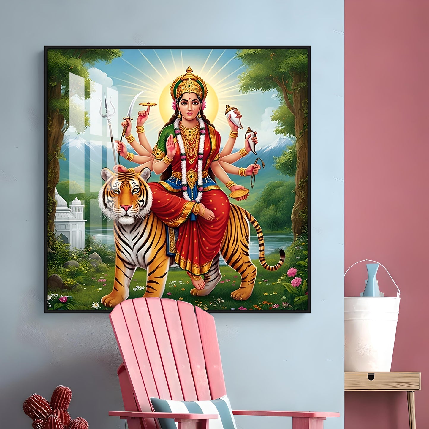 Hindu Goddess With Tiger Premium Acrylic Square Wall Art