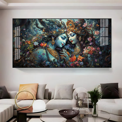 Mystical Love Of Radha Krishna Luxury Crystal Horizontal Wall Art
