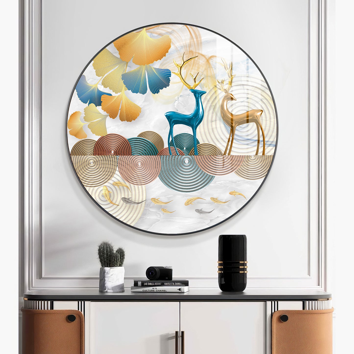 Deer Among Blossoms Premium Acrylic Round Wall Art