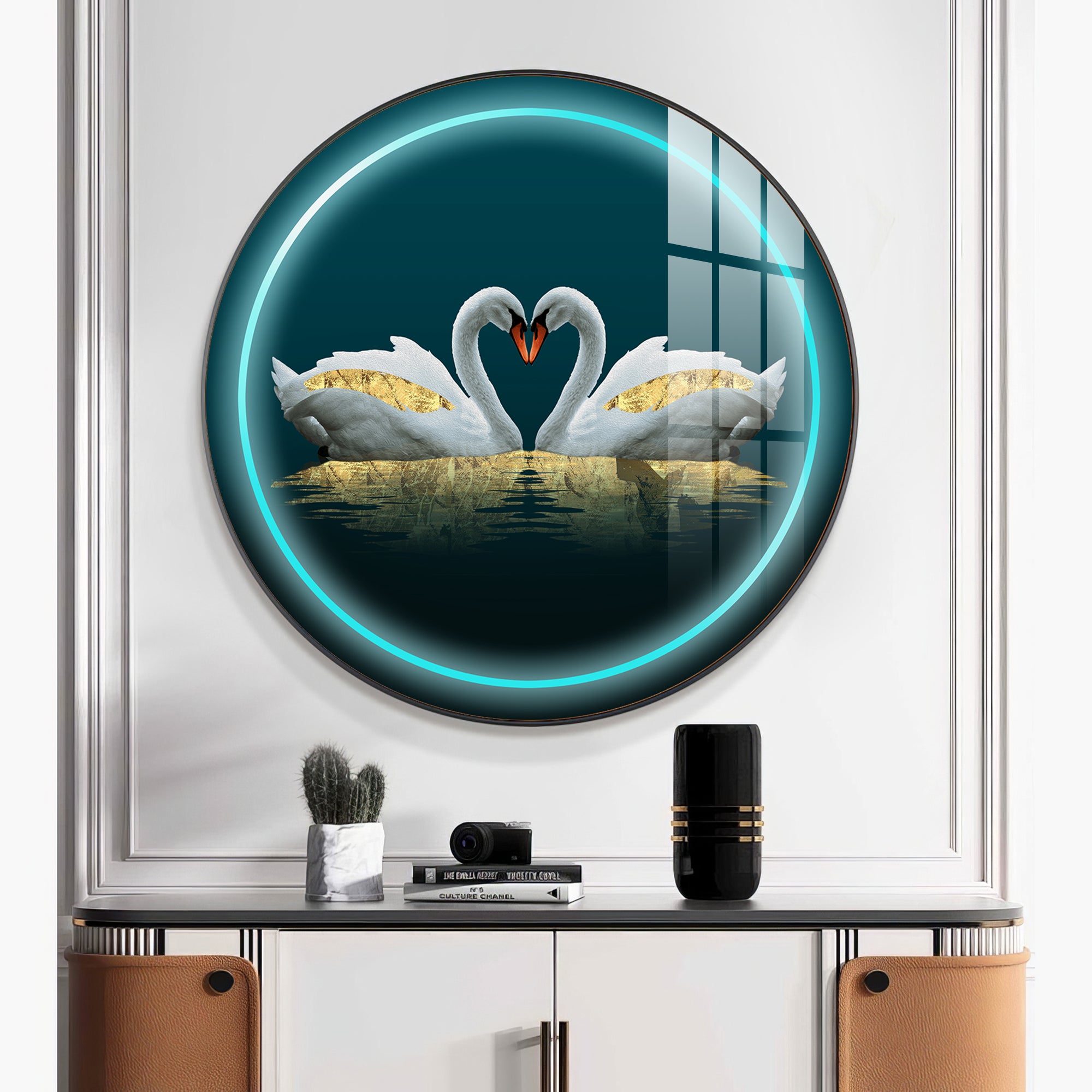 Swan Symphony Premium Acrylic Round Wall Art
