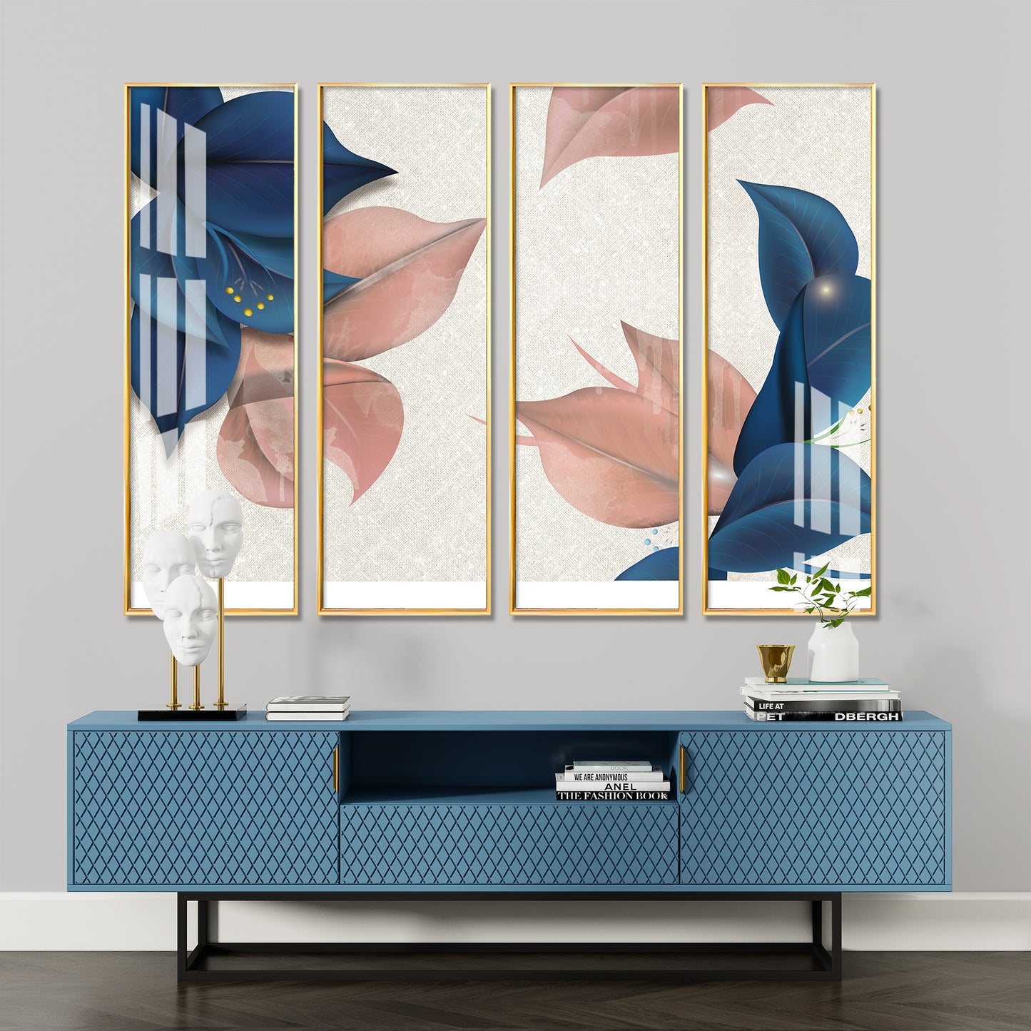 Blue & Peach Flowers Premium Acrylic Vertical Wall Art (set of 4)