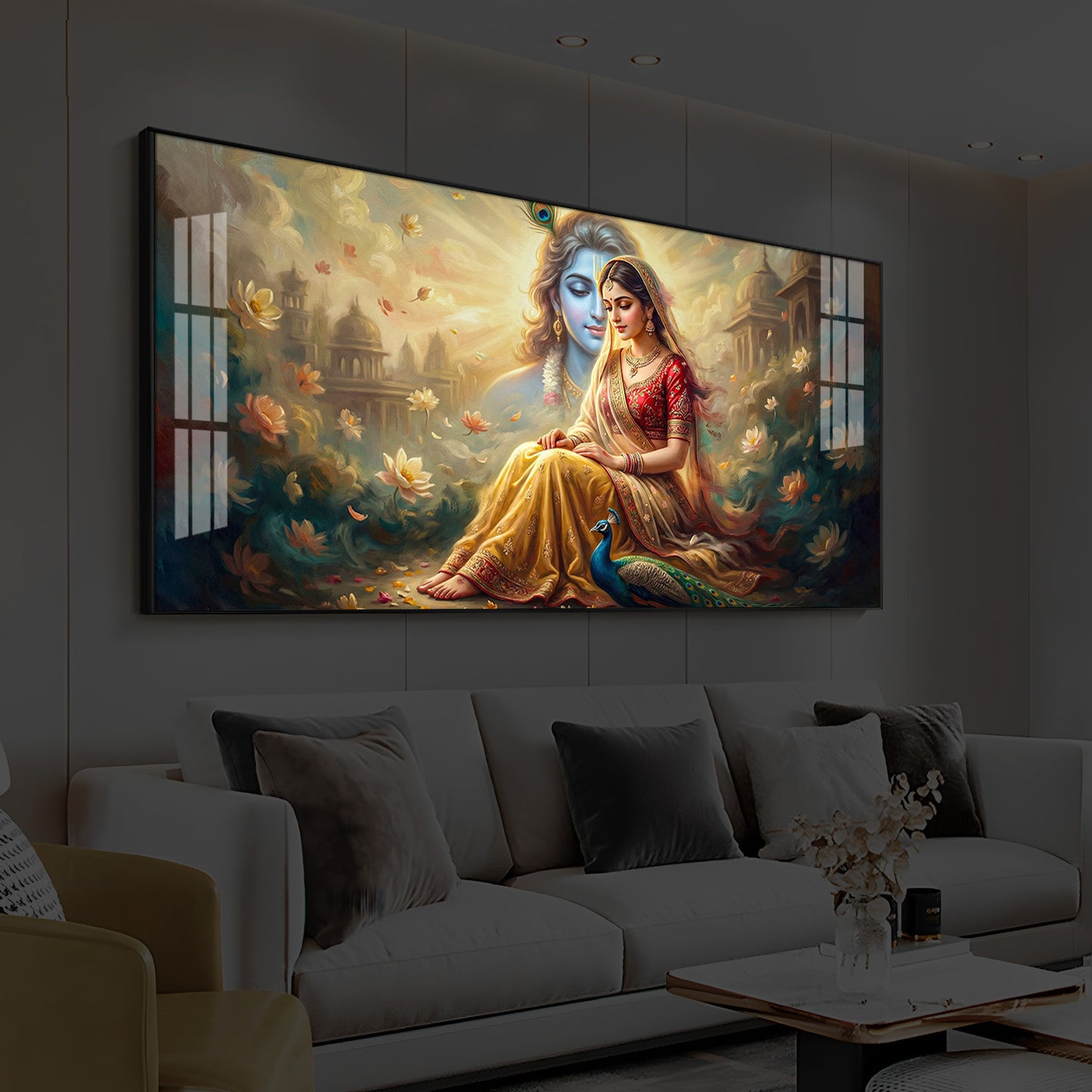Loving Couple Radha Krishna Modern Luxury Backlight Horizontal Wall Art