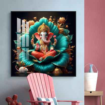 Lord Ganesh Lotus Serenity Premium Acrylic Square Wall Art