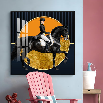 Man Riding on Black Horse Premium Acrylic Square Wall Art