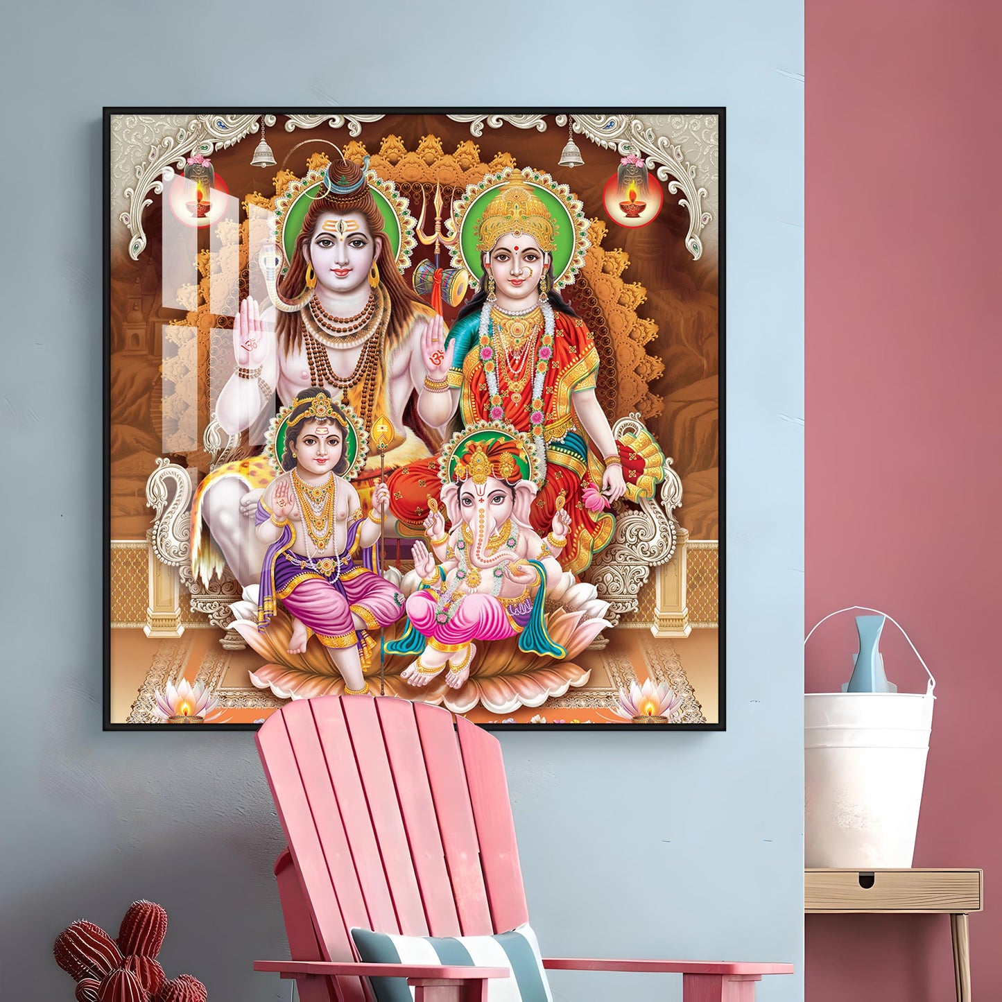 Shiv Parivar Premium Acrylic Square Wall Art - 24X24 inches / Gold