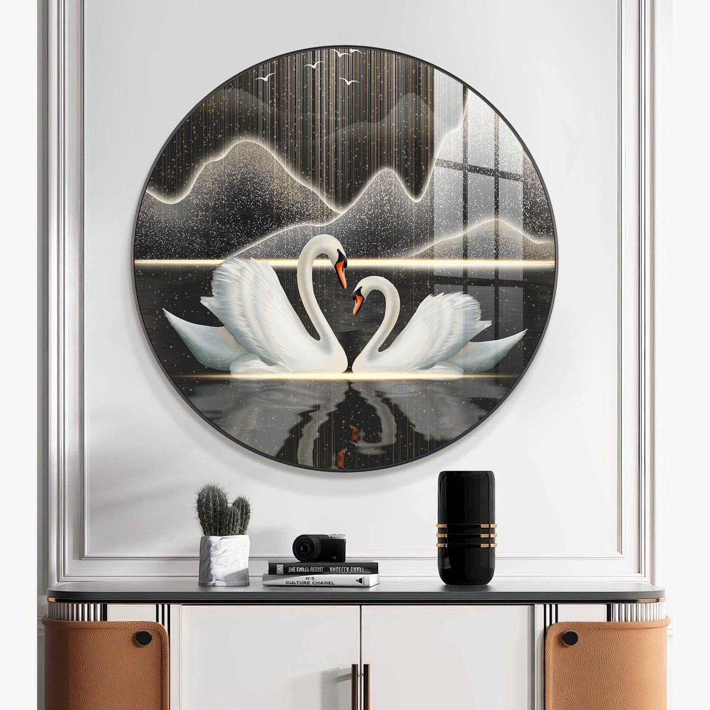 Swans in Serenity Premium Acrylic Round Wall Art