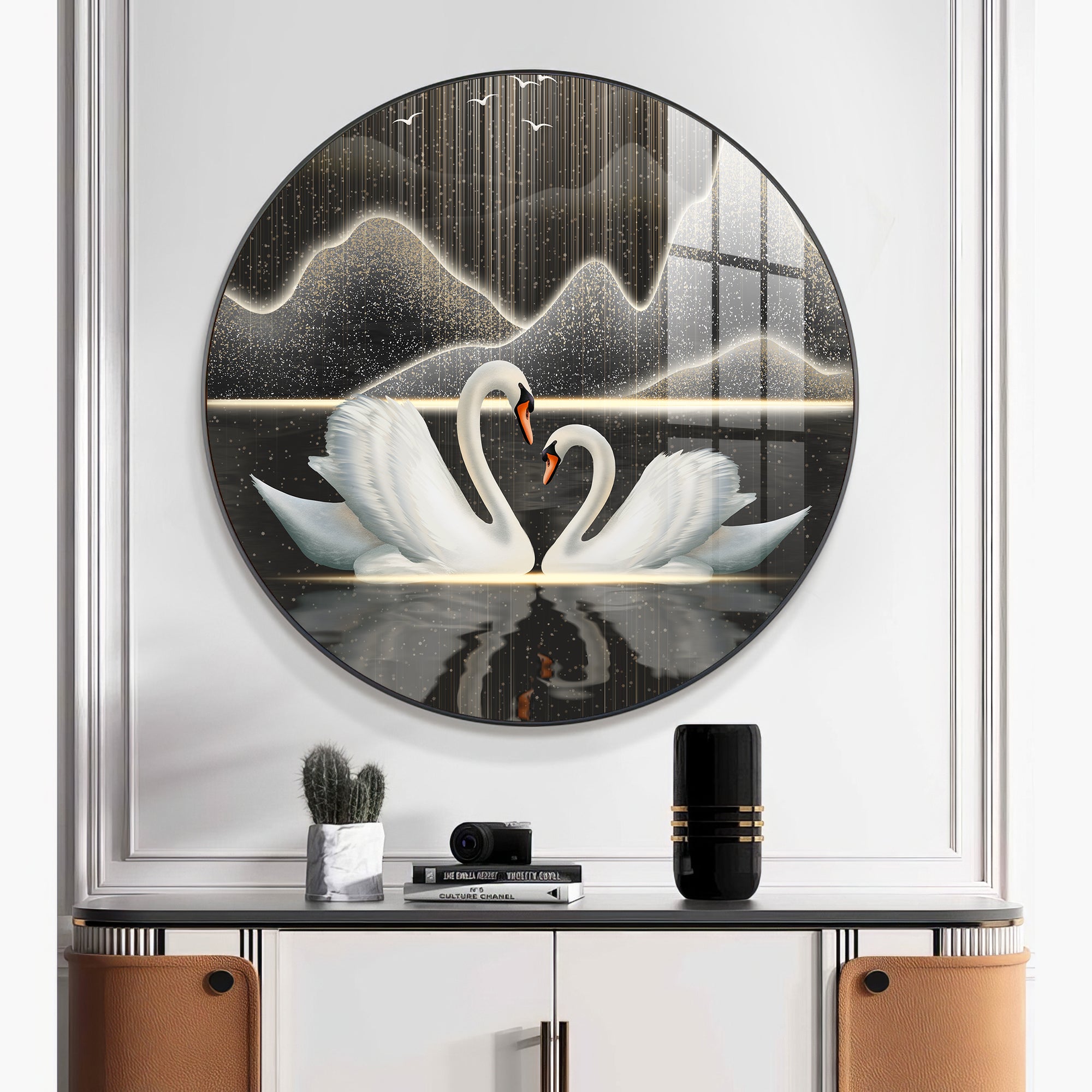 Swans in Serenity Premium Acrylic Round Wall Art