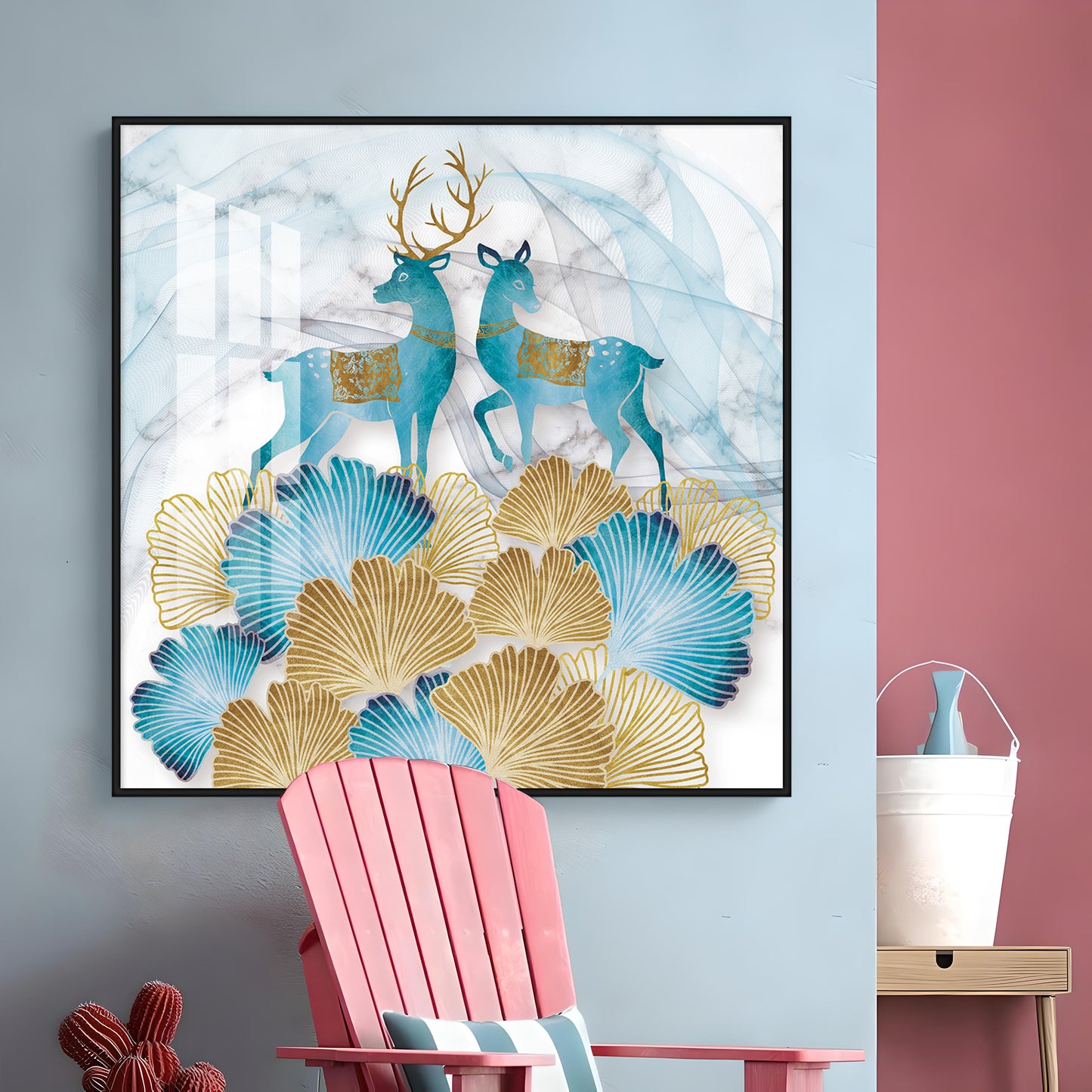 Blue Deer With Ginkgo Leaf Premium Acrylic Square Wall Art