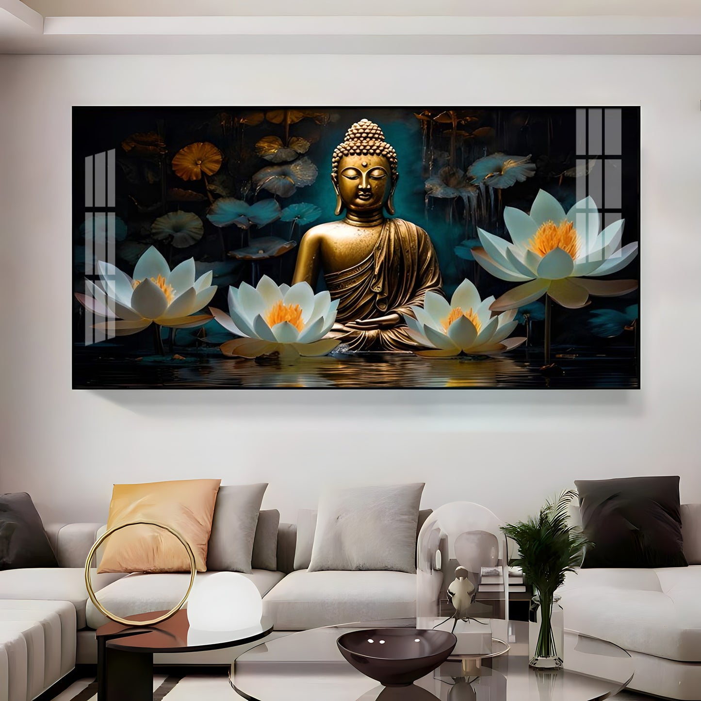 Buddha With White Lotus Premium Acrylic Horizontal Wall Art