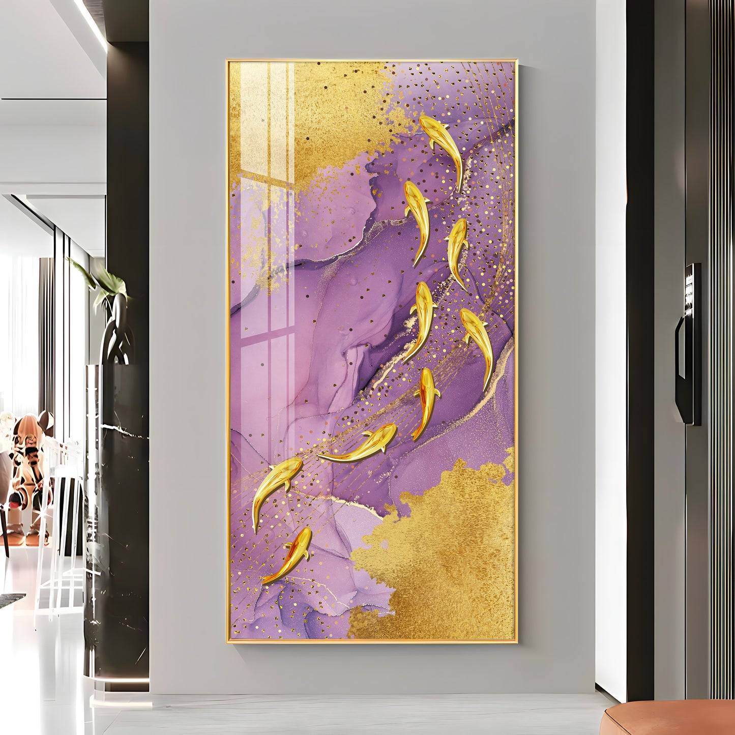 Purple Textured Golden Fish Premium Acrylic Vertical Wall Art