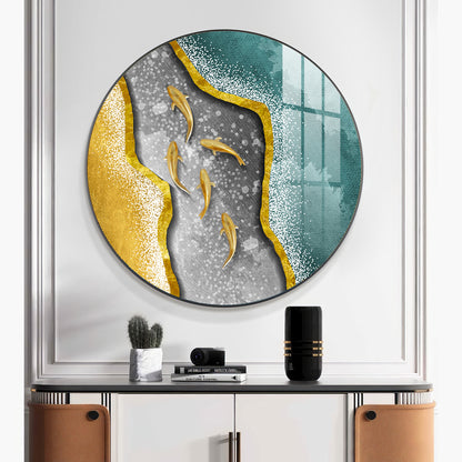 Koi Fish In Waves Premium Acrylic Round Wall Art