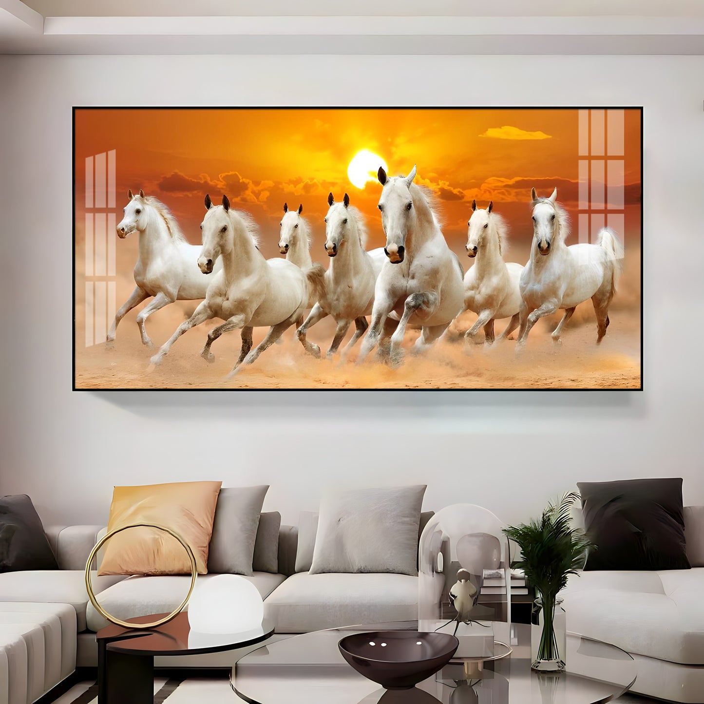 White 7 Running Horses Premium Acrylic Horizontal Wall Art