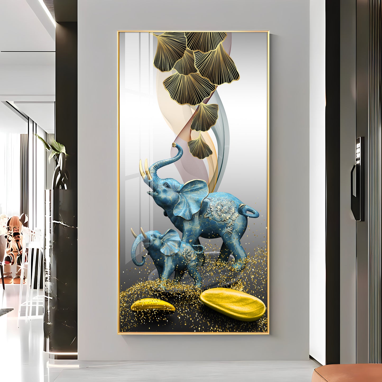 Blue Elephant With Golden Tusk Premium Acrylic Vertical Wall Art