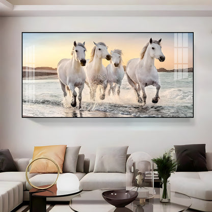 White Running Horses in The Sea Premium Acrylic Horizontal Wall Art