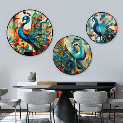 Colorful Peacock Abstract Premium Acrylic Round Wall Art (Set of 3)