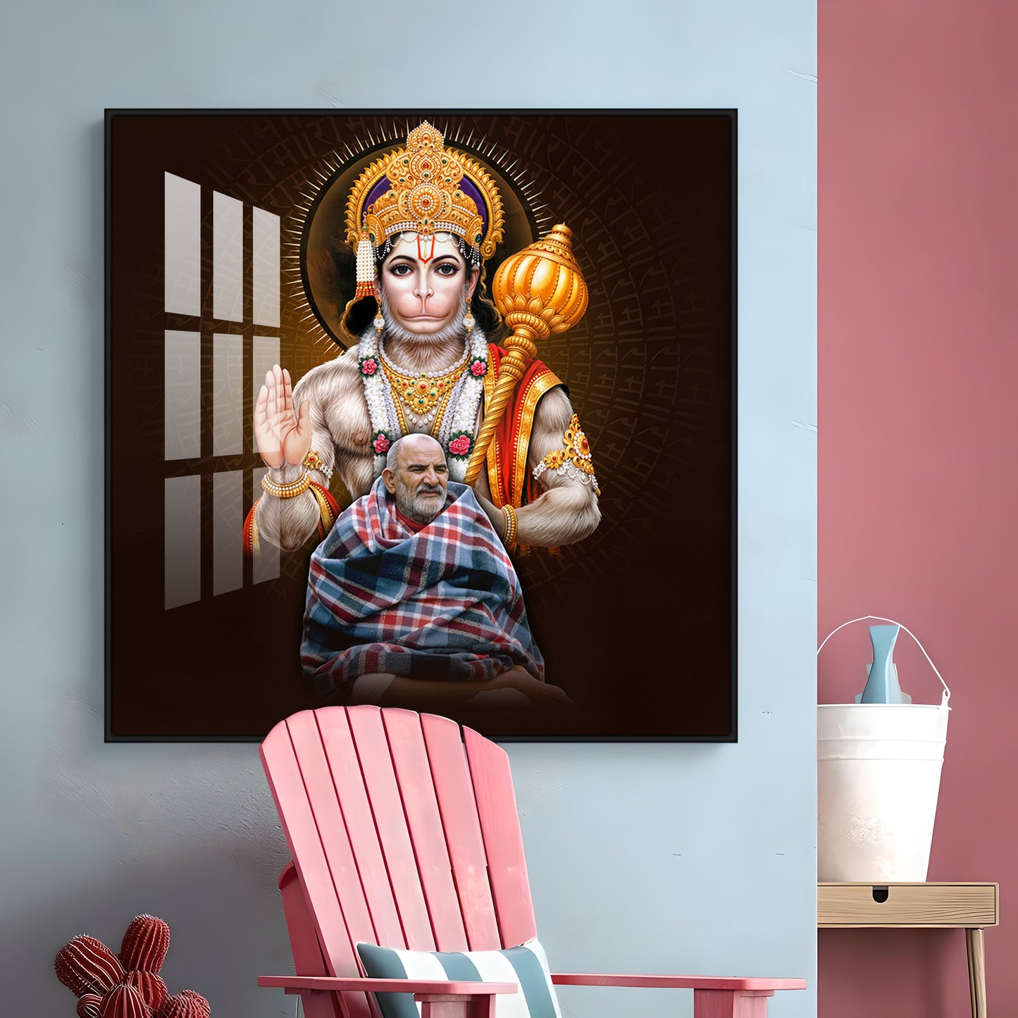 Lord Hanuman Ji and Need Karoli Baba Premium Acrylic Square Wall Art
