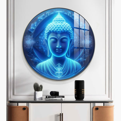 Sacred Buddha In Blue Premium Acrylic Round Wall Art