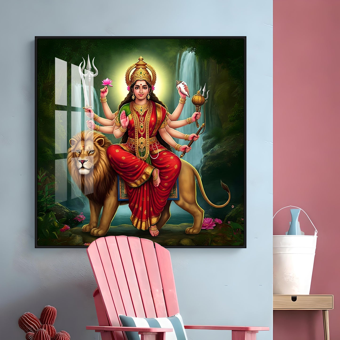 Divine Majesty Of Goddess On Tiger Premium Acrylic Square Wall Art