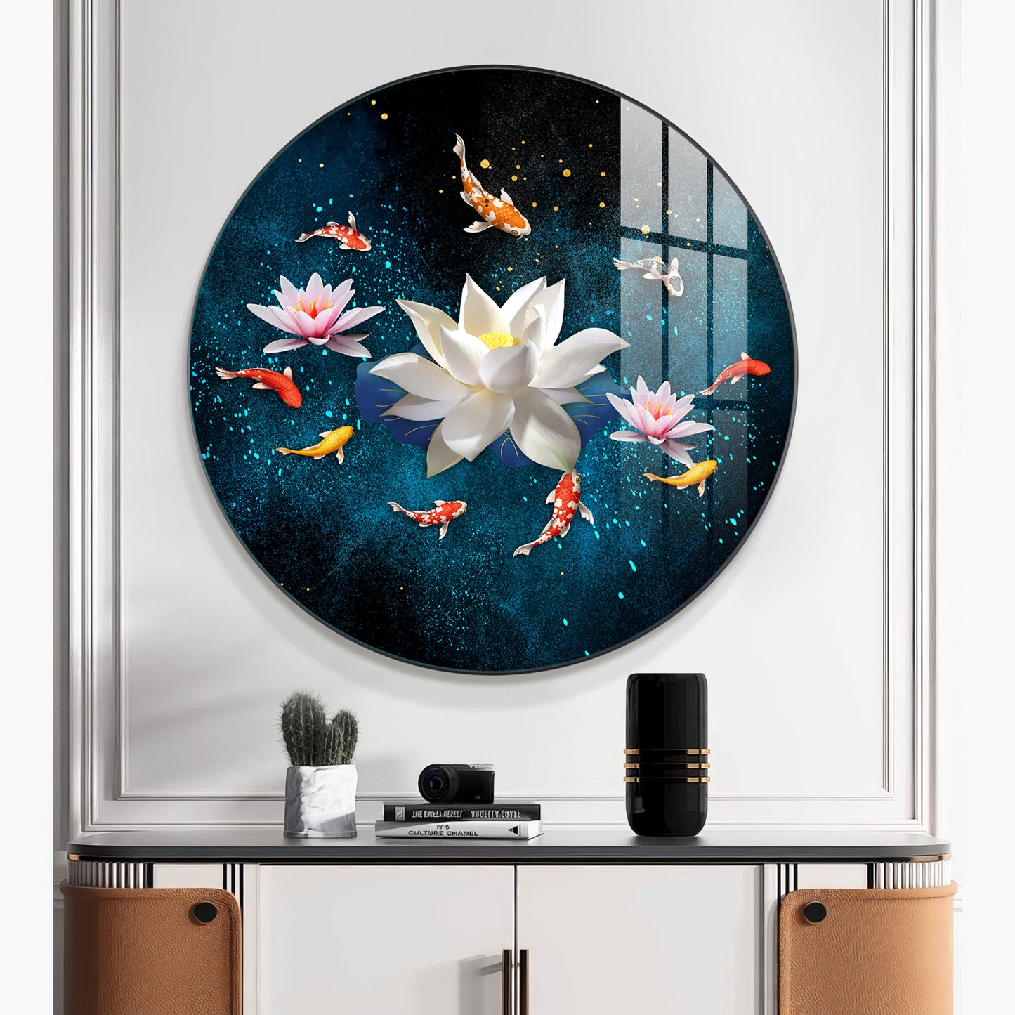 Lotus and Fish Premium Acrylic Round Wall Art