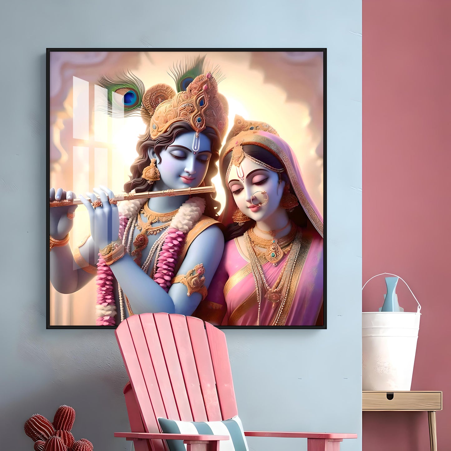 Krishna Playing Flute For Radha Premium Acrylic Square Wall Art