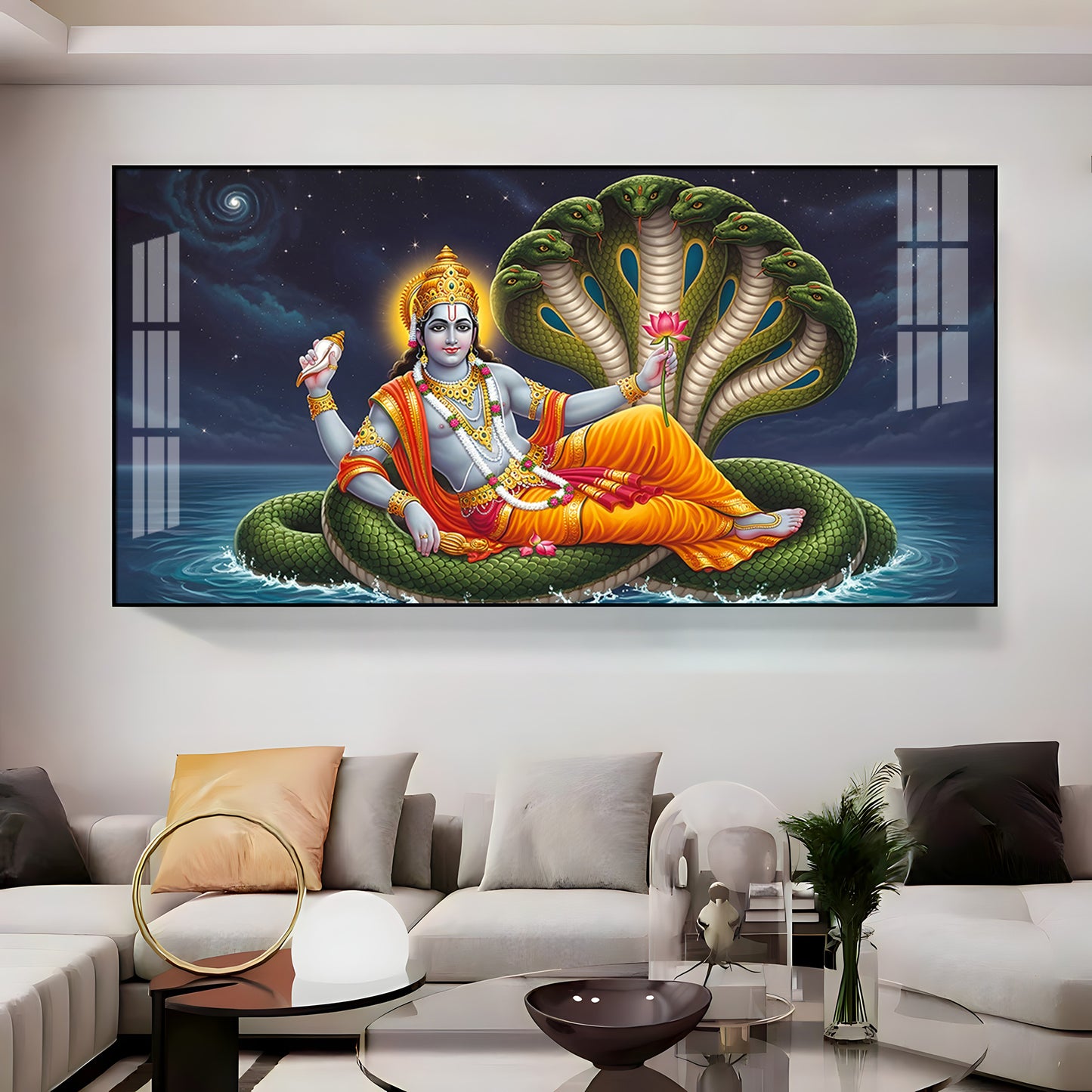 Lord Vishnu on Sheshnag Premium Acrylic Horizontal Wall Art
