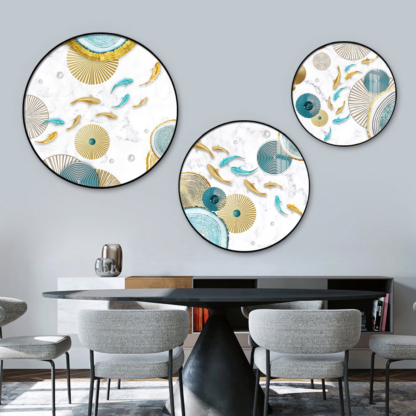 Koi Fish In Blue & Gold Premium Acrylic Round Wall Art (Set of 3)