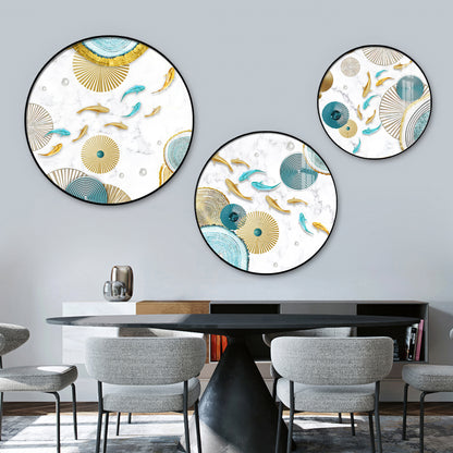 Koi Fish In Blue & Gold Premium Acrylic Round Wall Art (Set of 3)