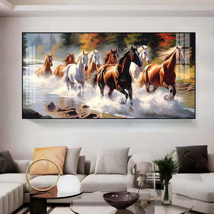 Running Horses in River Premium Acrylic Horizontal Wall Art