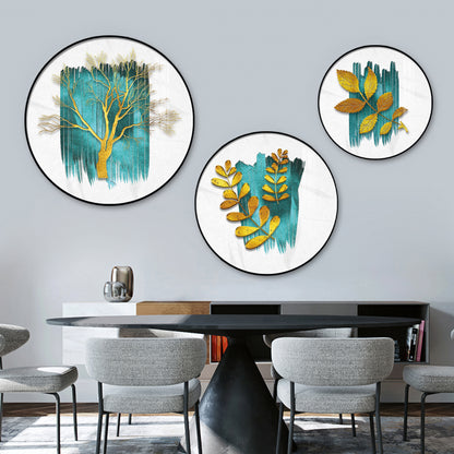 Golden Tree and Leaves Premium Acrylic Round Wall Art (Set of 3)