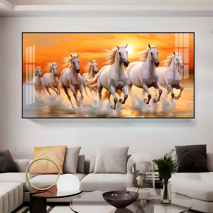 Seven White Running Horses With Sunrise Premium Acrylic Horizontal Wall Art