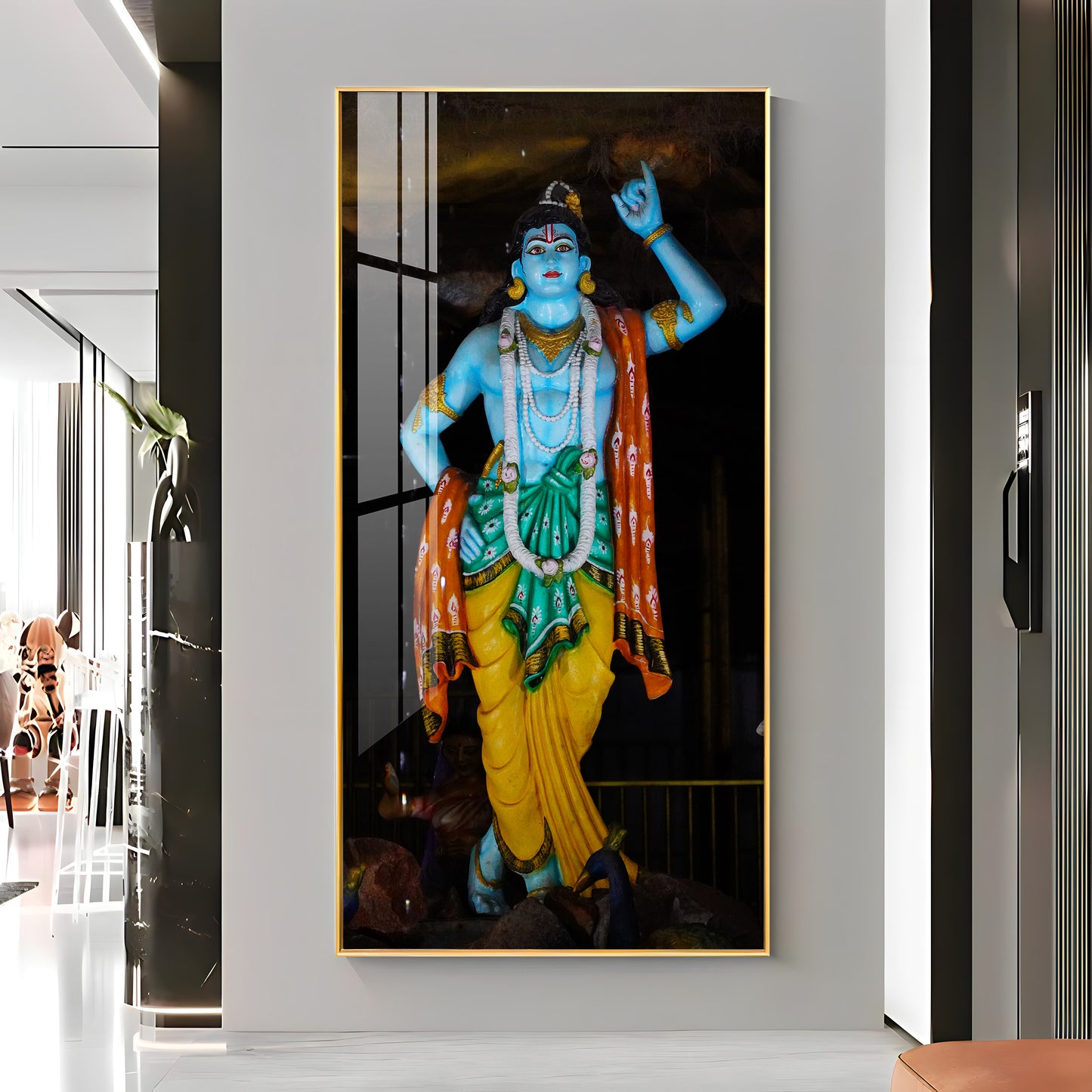 Krishna Lifting Govardhan Parvat Premium Acrylic Vertical Wall Art