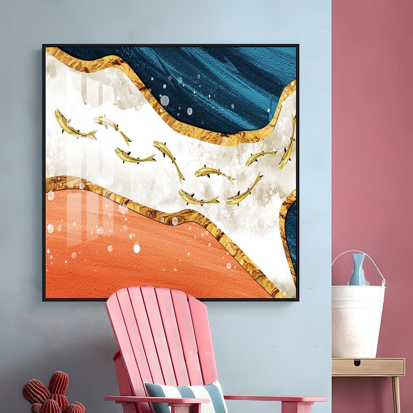 Golden Koi Fishes Swimming Luxury Crystal Square Wall Art