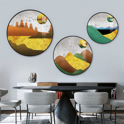 Mountain View Abstract Premium Acrylic Round Wall Art (Set of 3)