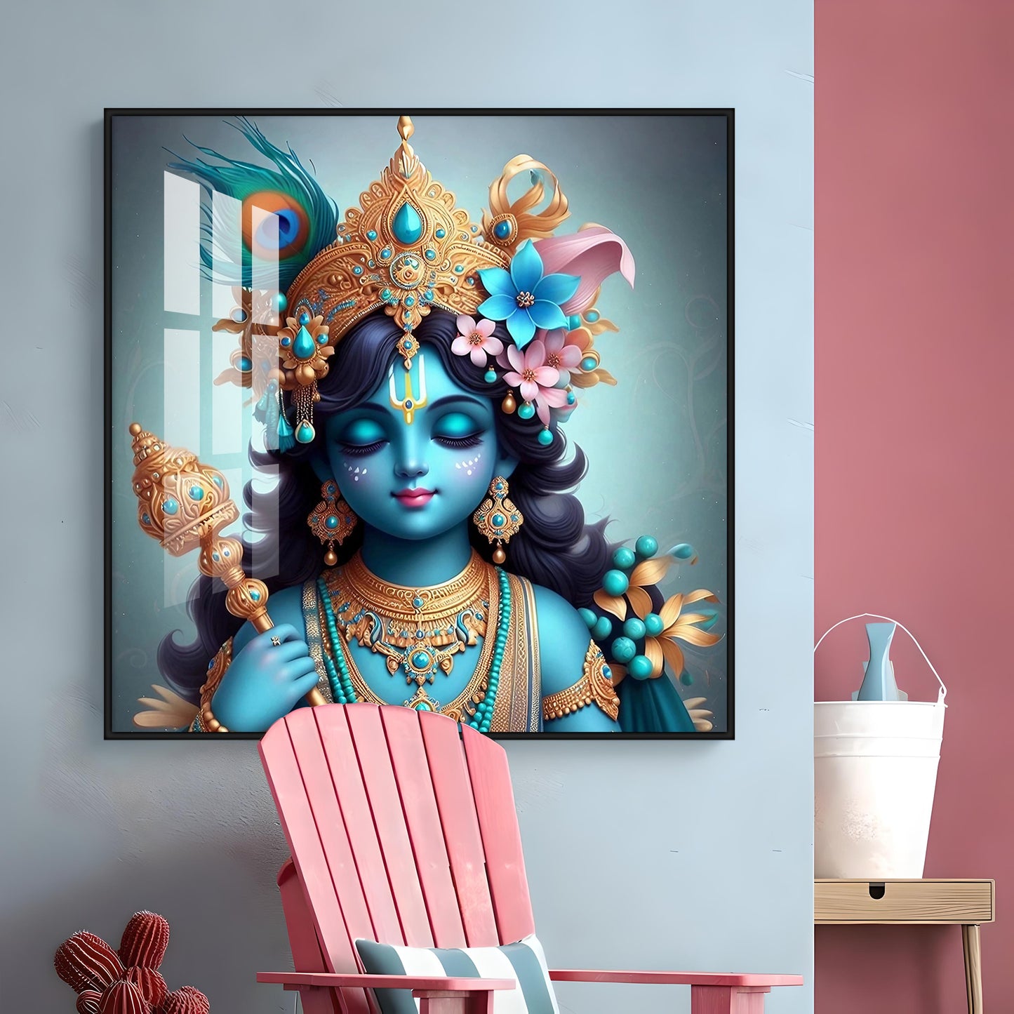 Beautiful Lord Krishna with Flute Premium Acrylic Square Wall Art