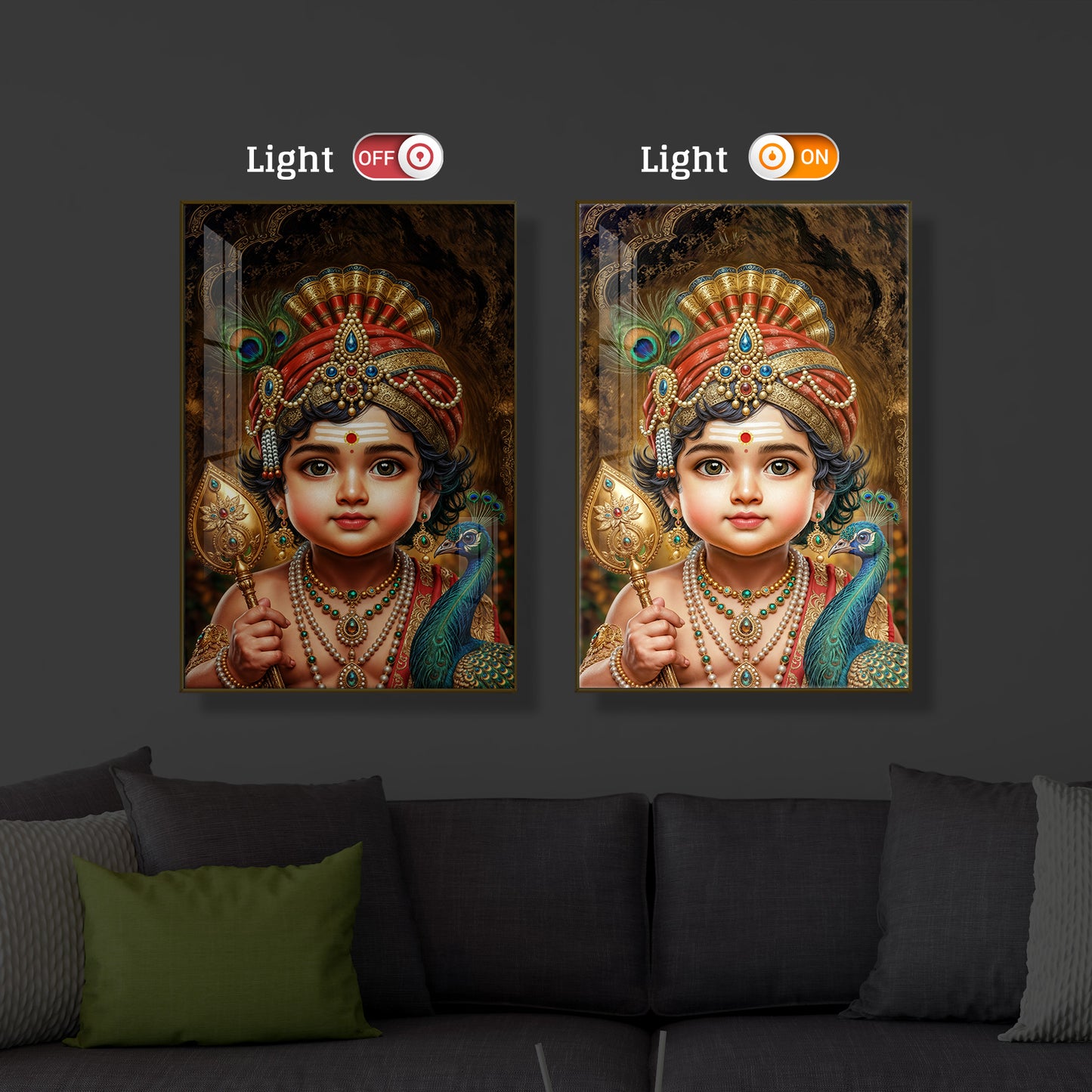 Little Murugan With Peacock Modern Luxury Backlight Vertical Wall Art