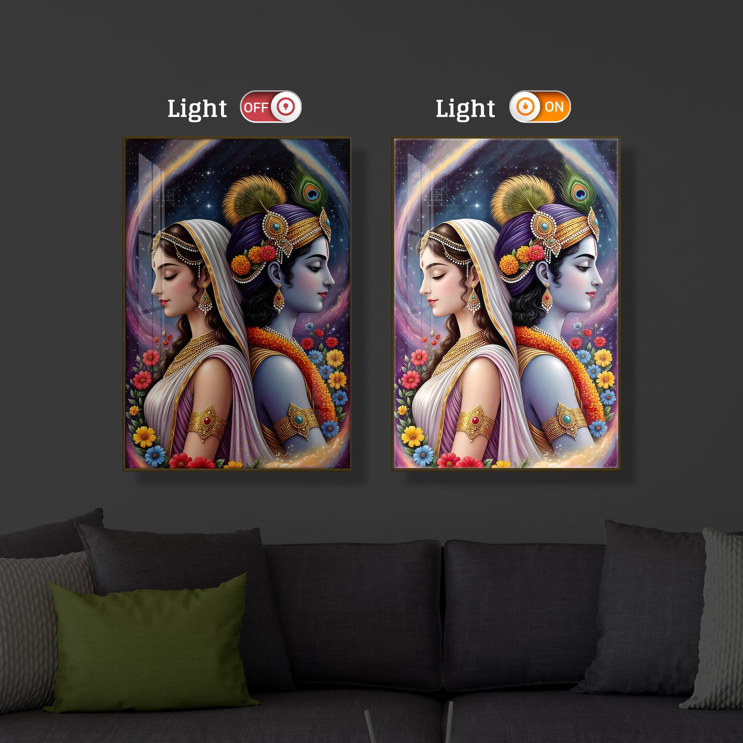 Lord Sri Radhe Krishna Modern Luxury Backlight Vertical Wall Art