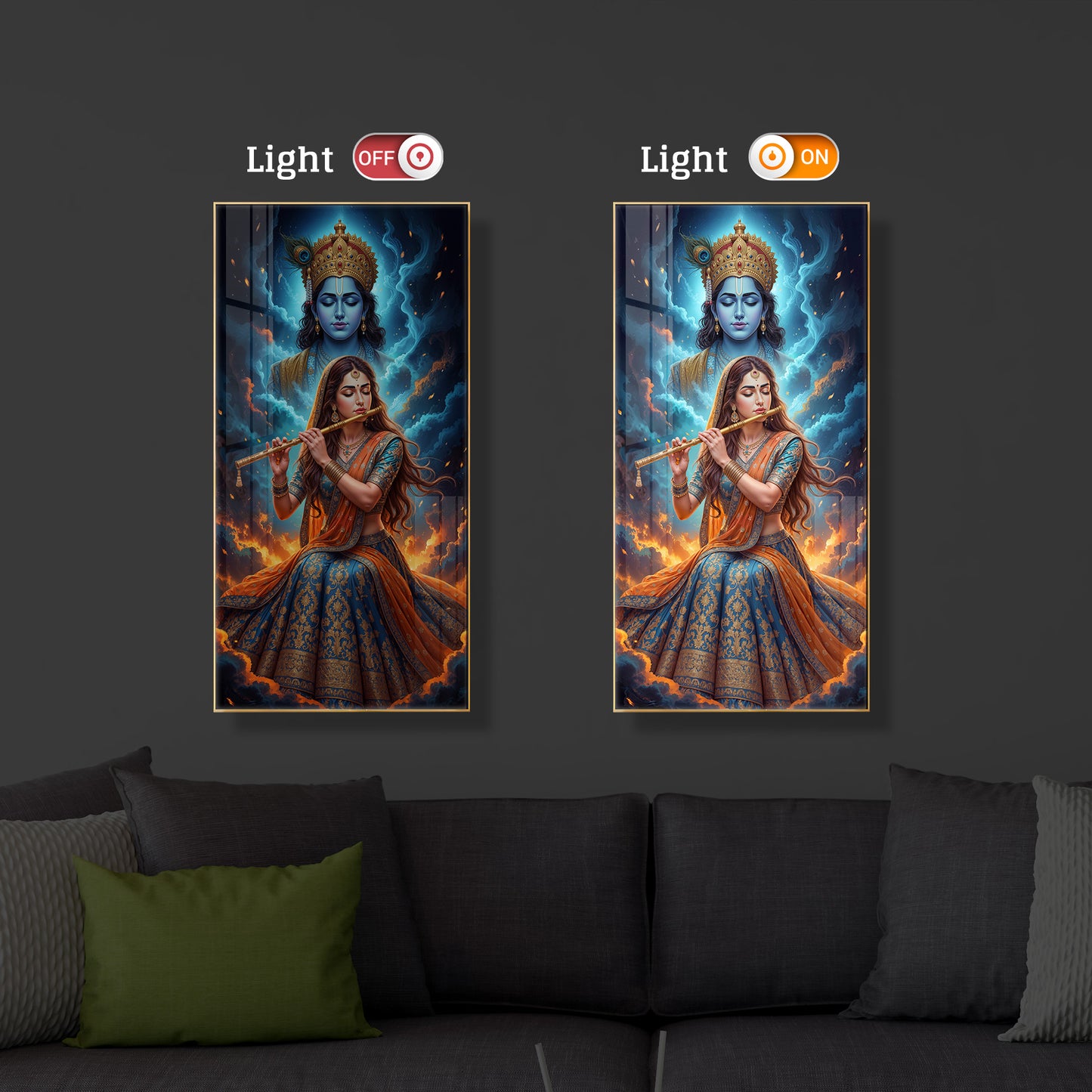 Radhe Krishna Colorful Modern Luxury Backlight Vertical Wall Art