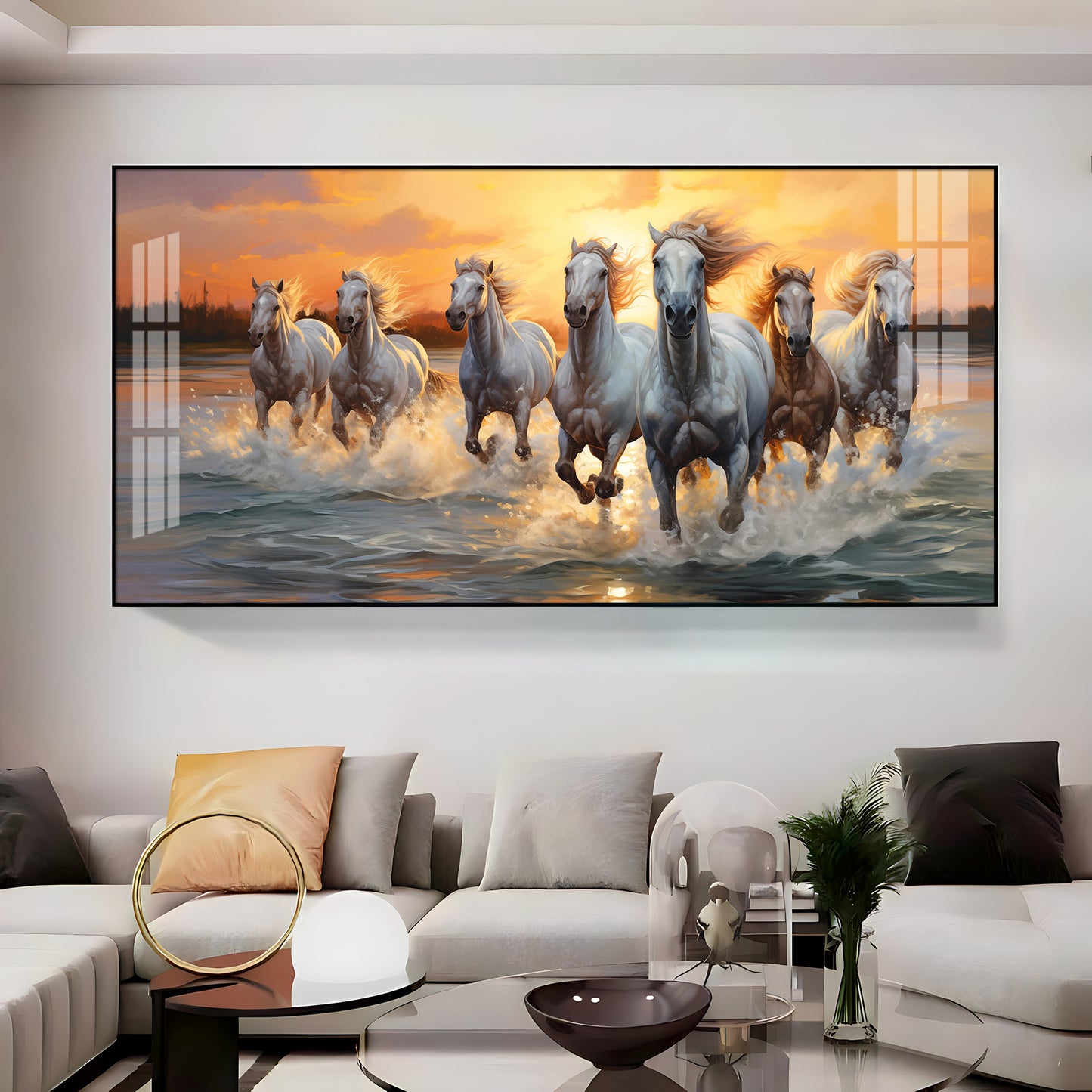 Vastu Seven Running Horses With Sunrise Premium Acrylic Horizontal Wall Art