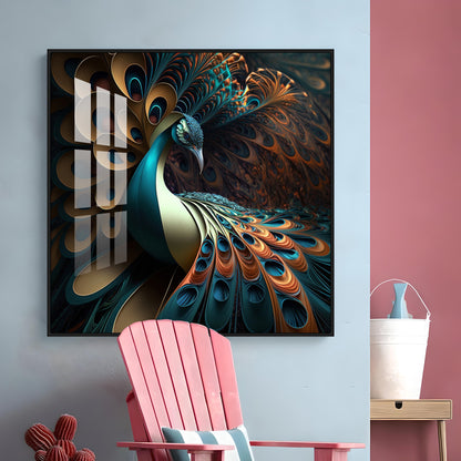 Peacock Is Shown With Large Feather Premium Acrylic Square Wall Art