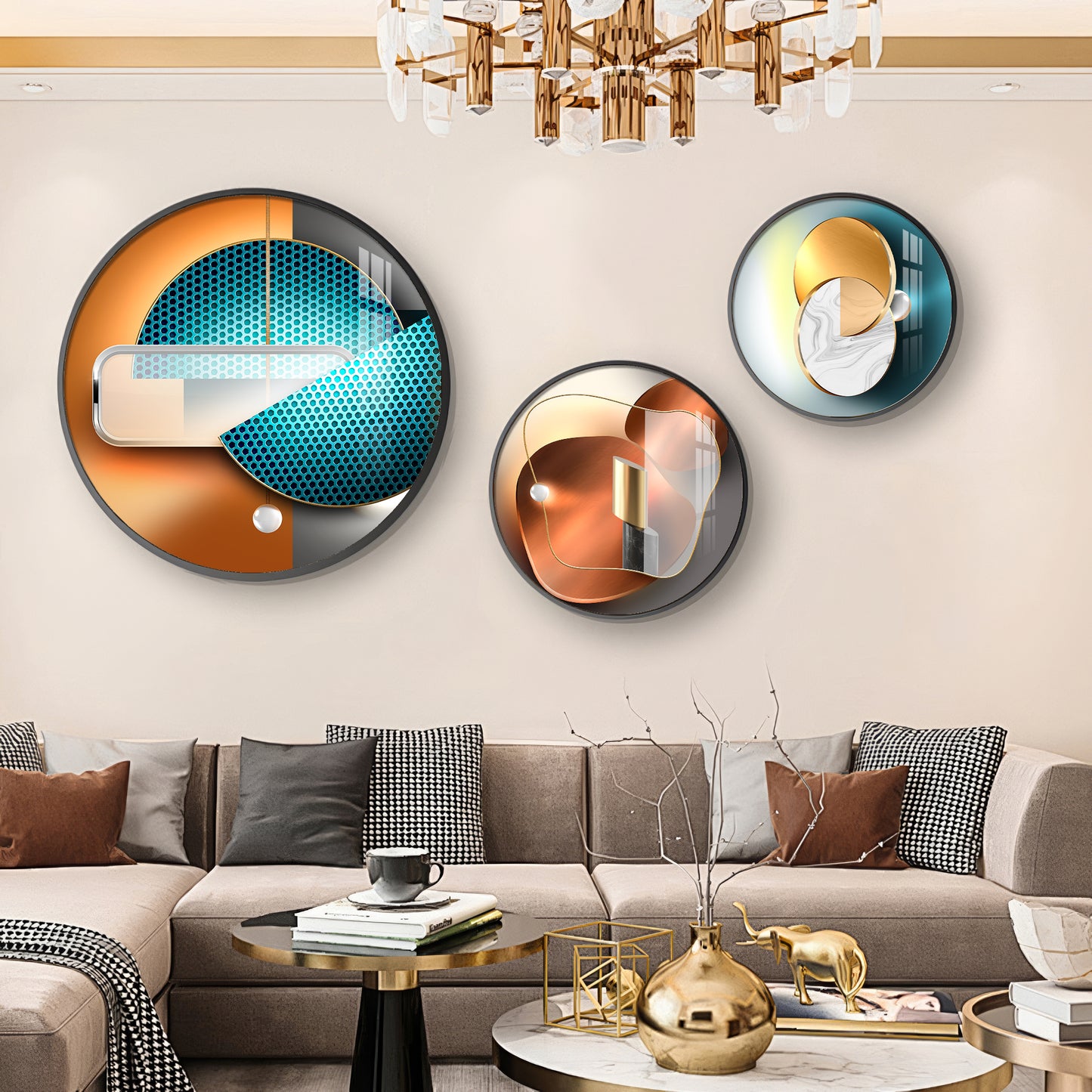 Semi Circle Abstract Premium Acrylic Round Wall Art (Set of 3)