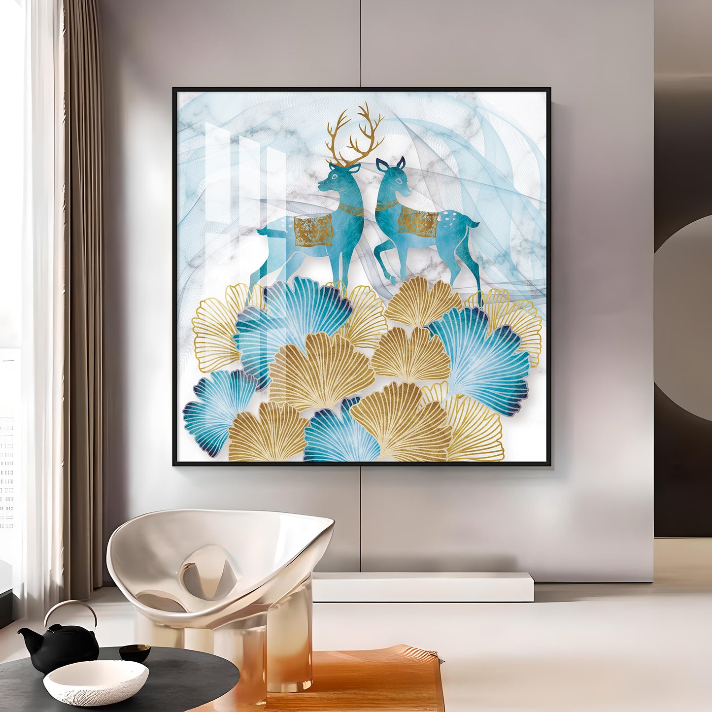 Blue Deer With Ginkgo Leaf Premium Acrylic Square Wall Art