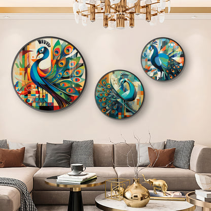 Colorful Peacock Abstract Premium Acrylic Round Wall Art (Set of 3)