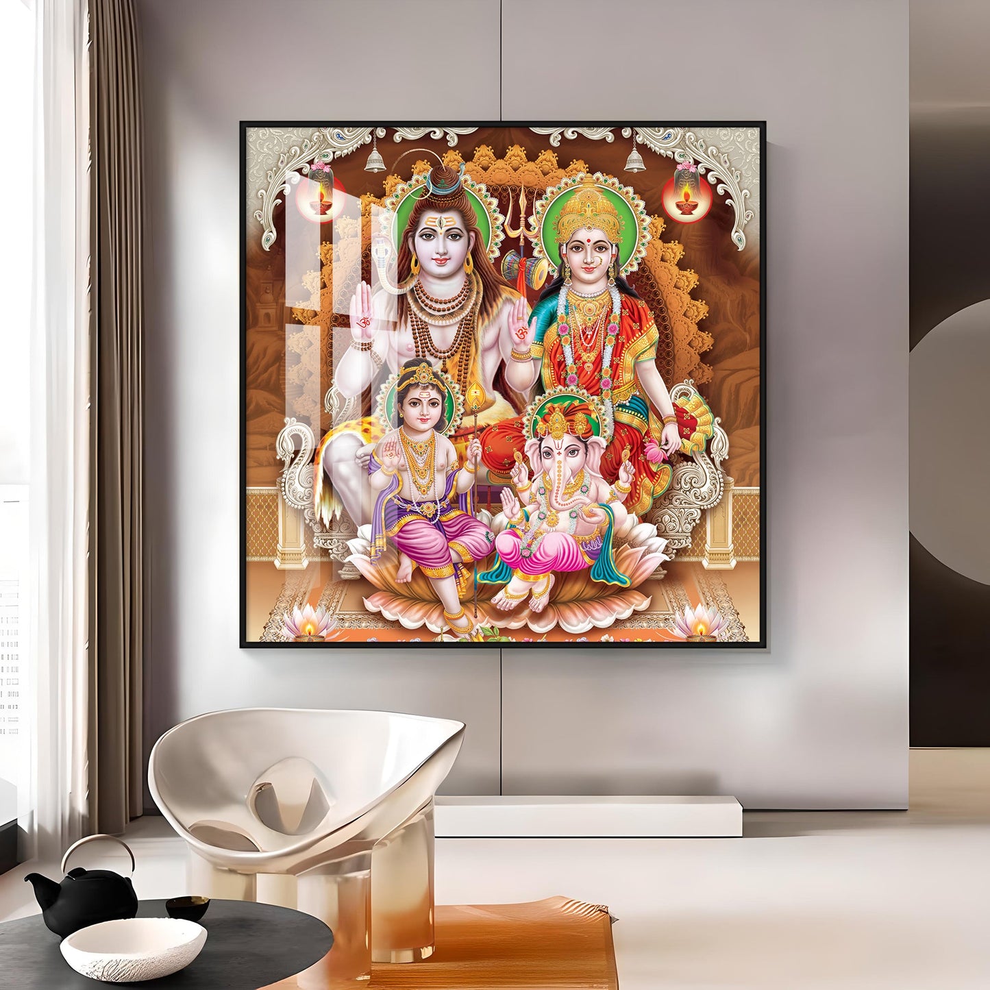 Shiv Parivar Premium Acrylic Square Wall Art - 24X24 inches / Gold