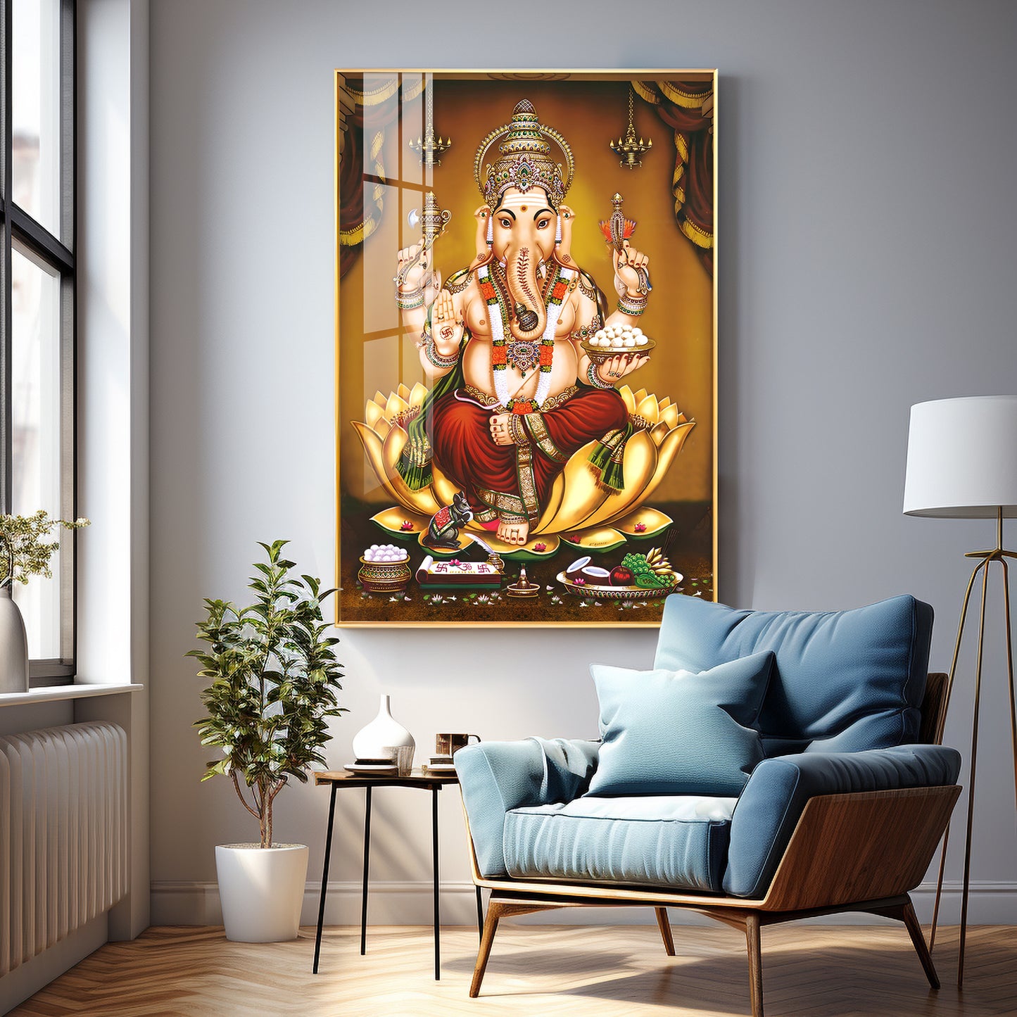 Lord Ganesha On Gold Lotus Premium Vertical Acrylic Wall Art